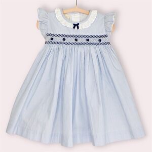 Bordino Smocked Dress w/ Bloomers Light Blue Striped Navy Embroidery 18 Months